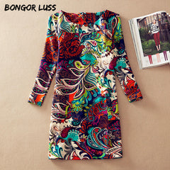 BONGOR LUSS Plus Size Women Clothing Spring Fashion Flower Print Women Dress Ladies Long Sleeve Casual Autumn Dresses Clothing Spring Fashion Flower Print - Mr.BEAR